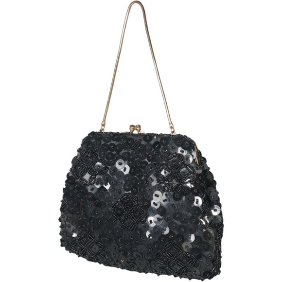 Unbranded Handbags - Vintage Black Beaded Sequin Evening Clutch Bag Gold Tone Kiss Lock Hong Kong